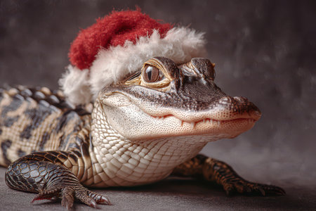 A delightful alligator smiles while wearing a festive santa hat. It captures the joyful spirit of New Year celebrations in a charming way.の素材