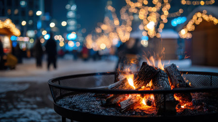 A fire pit burns brightly surrounded by snow and festive lights at a lively Christmas market during New Year celebrations.の素材