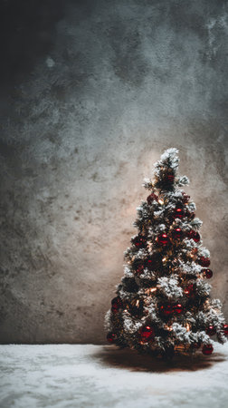 A beautifully decorated New Year tree with shimmering ornaments stands against a textured gray wall capturing the spirit of celebration and joy.の素材