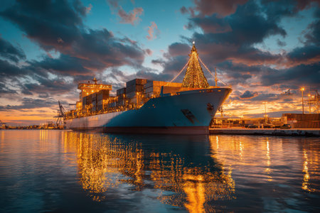 A cargo ship adorned with a sparkling Christmas tree and lights docks peacefully at sunset showcasing a festive New Year atmosphere.の素材