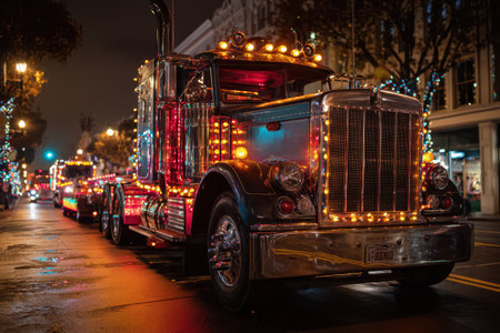 A vintage semi truck with large headlights displays colorful lights while parked on a festive street celebrating the New Year.の素材