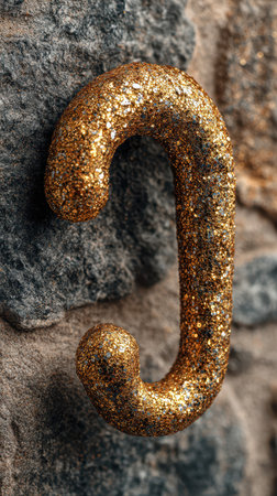 A shiny golden hook adorned with glitters is mounted on a rugged stone wall symbolizing celebration and decoration for the New Year.の素材
