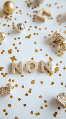 Sparkling decorations lay on a surface with golden letters spelling out non amid confetti. A festive atmosphere embraces the New Year spirit.の素材