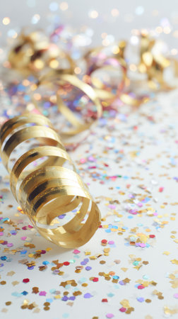 Colorful confetti and golden streamers spread across a white surface celebrate the joy and excitement of the New Year festivities.の素材