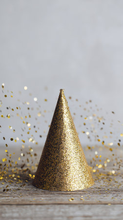 A shiny gold party hat stands upright on a wooden surface as colorful confetti swirls around creating a joyful New Year atmosphere.の素材