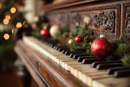 Antique piano in a cozy room beautifully decorated with festive garlands and ornaments captures the warmth of the holiday season.の素材
