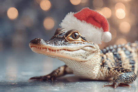 A charming alligator wearing a fluffy Santa hat is enjoying the holiday spirit.の素材