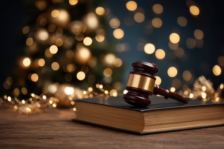 A wooden gavel sits on an open book with a beautifully decorated Christmas tree twinkling in the background during a festive New Year atmosphere.の素材