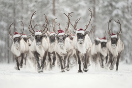 A lively group of reindeer wearing festive Santa hats races through a snowy landscape celebrating the New Year in joyful spirit.の素材