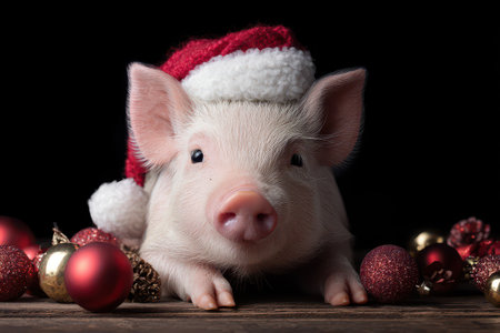 A charming pig wears a festive Santa hat among red and gold ornaments spreading holiday cheer. Perfect for New Year celebrations ahead.の素材