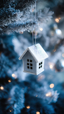 A small white house ornament dangles from a snowy tree branch glowing warmly with soft lights around it creating a cozy holiday atmosphere.の素材