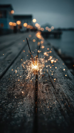 A sparkling firework lies on a rustic wooden dock casting light against the twilight sky.の素材