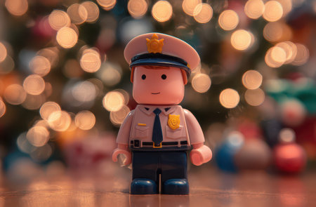 A charming toy police officer in uniform smiles brightly surrounded by a blurred Christmas backdrop evoking holiday joy and warmth.の素材