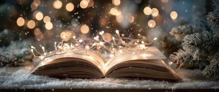 Warm lights wrap around an open book creating a cozy scene amidst falling snow perfect for the New Year celebration.の素材
