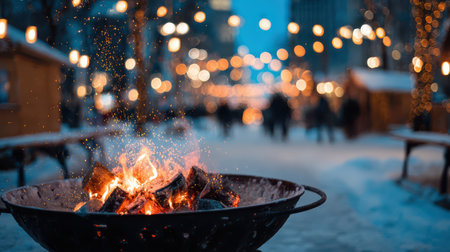 A cozy bonfire blazes in a metal bowl as people enjoy a wintry New Year evening surrounded by glowing lights and festive cheer.の素材