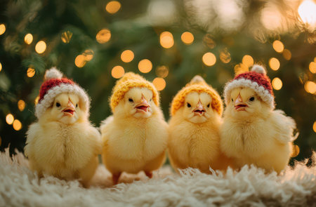 A group of fluffy yellow chicks in colorful Christmas hats brings joy to the New Year celebration with their cuteness!の素材