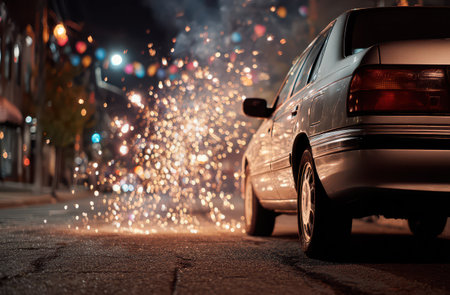 A silver car is parked as fireworks light up the sky filling the air with excitement from joyful New Yearの素材