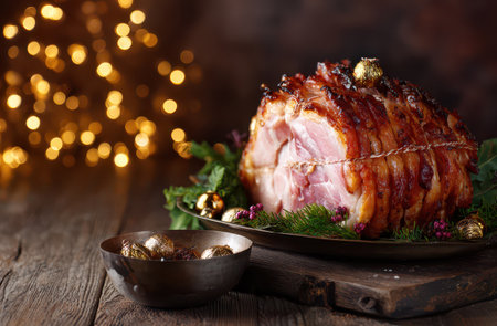 Succulent ham wrapped in crispy bacon is beautifully presented on a rustic wooden table perfect for New Year festivities and gatherings.の素材