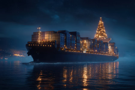 A large container ship glides through calm waters adorned with colorful Christmas lights and a tree celebrating the New Year in festive beauty.の素材