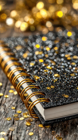 A close up of a glittery black notebook resting on a rustic wooden table with golden confetti scattered around perfect for New Year ideas.の素材