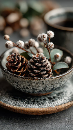 Delightful arrangement of pinecones and frosted berries in a rustic bowl creating a warm atmosphere for the New Year festivities.の素材