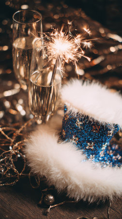 A lively scene of bubbly drinks sparkling fireworks and a bright blue hat captures the joy of New Year celebrations.の素材