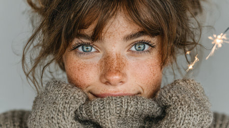 A young woman with freckles smiles brightly while wrapped in a cozy sweater exuding joy and warmth for the New Year celebration.の素材