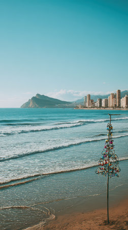A festive tree stands on the sandy beach surrounded by gentle waves and seaside buildings under a clear blue sky creating a joyful atmosphere.の素材