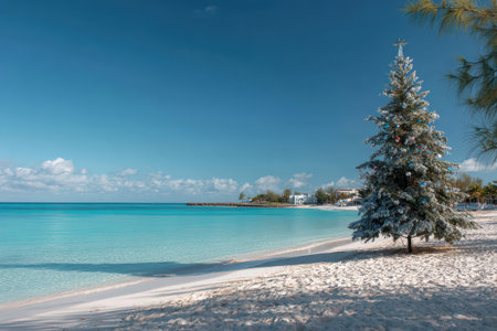 A beautiful Christmas tree stands on the sandy beach surrounded by stunning turquoise waters and a clear blue sky. Perfect for New Year celebrations.の素材