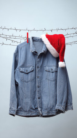 A stylish denim jacket hangs against a soft backdrop adorned with a vibrant red Santa hat perfect for celebrating the New Year.の素材
