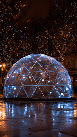 A beautiful geodesic dome glows with lights in a bustling city square. Surrounding trees twinkle creating a festive atmosphere at night.の素材