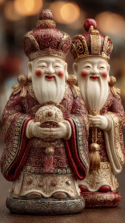 Two joyful figures in traditional attire showcase the spirit of New Year with cheerful expressions and vibrant colors.の素材