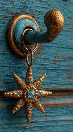 A beautiful golden star ornament with blue gems dangles from a vintage blue hook on weathered wooden panels adding charm and elegance.の素材