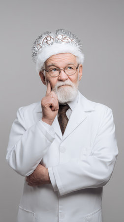 A thoughtful elderly doctor in a festive white coat and hat contemplates ideas for New Year celebrations bringing a cheerful yet serious vibe.の素材