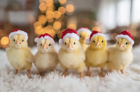 A joyful group of fluffy yellow chicks wears bright Christmas hats bringing festive cheer for the New Year. They stand together on soft white fur.の素材
