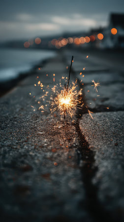 A festive sparkler lights up the shore creating a vibrant display against a twilight backdrop of distant lights and calm waves.の素材