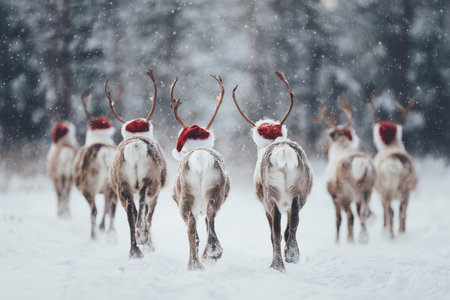 A group of festive reindeer moves swiftly through the snowy landscape each wearing a bright red Santa hat celebrating the New Year joyfully.の素材