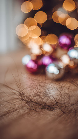 Colorful ornaments lay on a wooden surface while soft bokeh lights create a warm atmosphere hinting at holiday joy and celebration.の素材