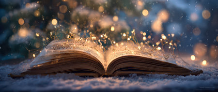 A serene scene with an open book adorned by sparkling Christmas lights set against a snowy winter backdrop capturing the essence of New Year joy.の素材