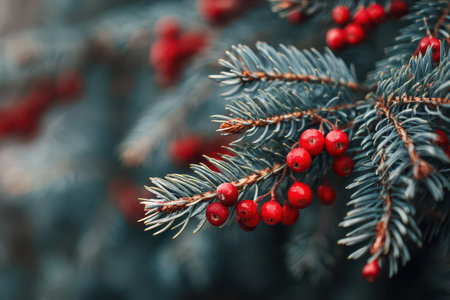 Bright red berries adorn green spruce branches capturing the essence of winter and the spirit of the upcoming New Year celebration.の素材