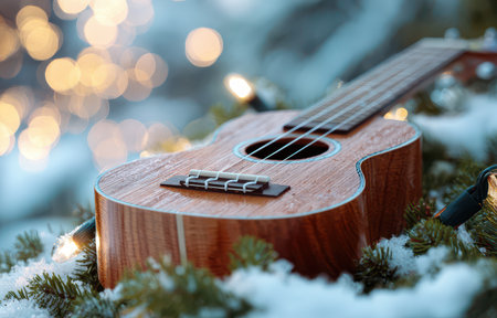 A beautiful ukulele lies on Christmas greenery surrounded by twinkling lights and snow capturing the spirit of celebration for the New Year.の素材