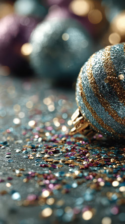 Shimmering ornaments and vibrant glitter cover a dark surface capturing the essence of New Year celebrations with joy and excitement.の素材