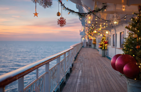 The cruise ship deck glistens with colorful Christmas lights as the sun sets over calm ocean waters welcoming the New Year.の素材