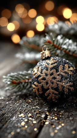 A beautiful black and gold ornament rests on a pine branch glistening amid warm soft lights. The scene captures the spirit of celebration.の素材