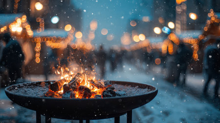 Snowflakes gently fall as a bonfire crackles in a metal bowl bringing warmth and light to a bustling New Year market on a chilly evening.の素材
