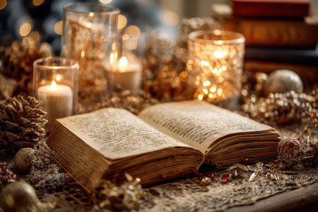 Candles flicker beside an open book of Christmas songs creating a warm atmosphere as holiday joy fills the air. Family gathers to sing.の素材