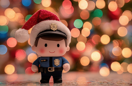 A cheerful toy police officer wearing a festive Santa hat stands against a shimmering blurred Christmas background ready to celebrate New Year.の素材