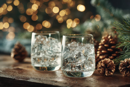 Two clear glasses filled with ice sit on a rustic wooden table adorned with pine cones and holiday decorations for New Year celebrations.の素材