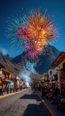 Colorful fireworks light up the sky above a lively town street as cheerful crowds welcome the New Year in a festive atmosphere.の素材