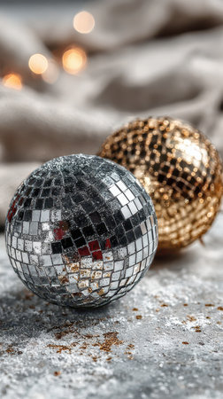 Shiny disco balls in silver and gold reflect festive lights bringing a joyful atmosphere to a cozy New Year celebration at home.の素材